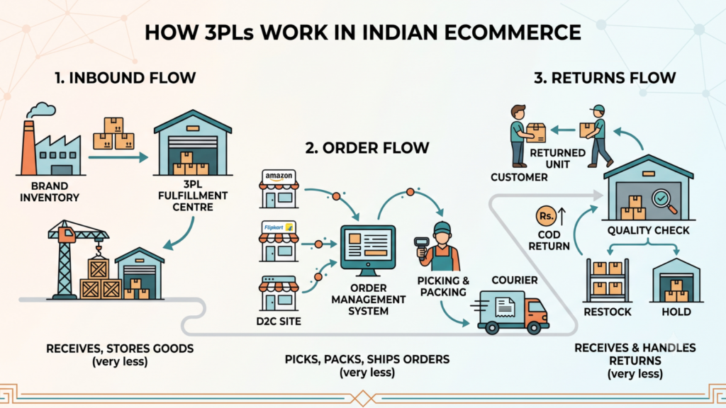 Infographic explaining how third-party logistics providers work in Indian ecommerce