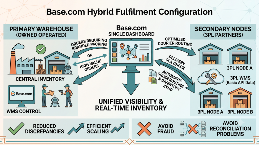 Base.com hybrid fulfilment configuration combining owned warehouses and 3PL partners