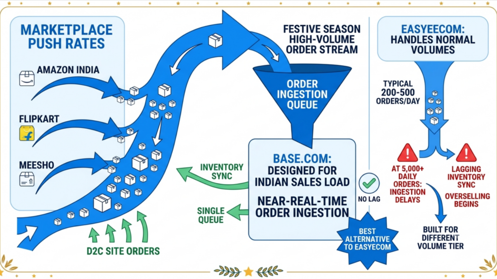 Feature comparison infographic of Base.com and EasyEcom for festive season operations