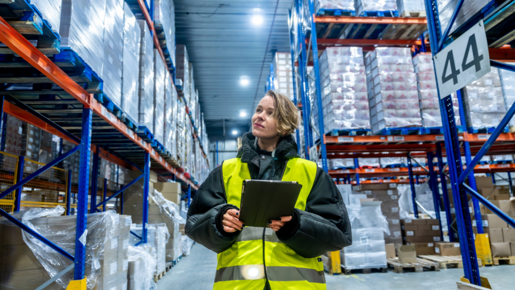 Warehouse manager monitoring inventory and fulfilment inside a distribution center