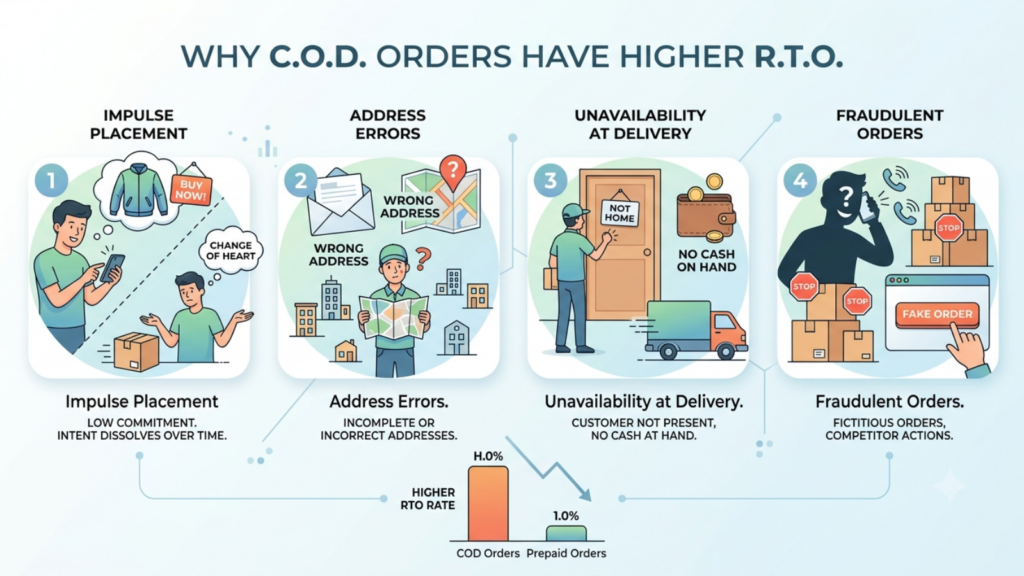 Infographic explaining the four major reasons why COD orders have higher RTO in India