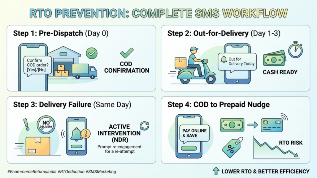 Four-stage SMS workflow covering COD confirmation, delivery alerts, NDR recovery, and prepaid conversion