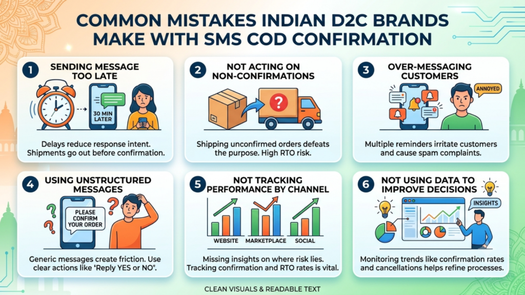Infographic highlighting common mistakes Indian D2C brands make with SMS COD confirmation