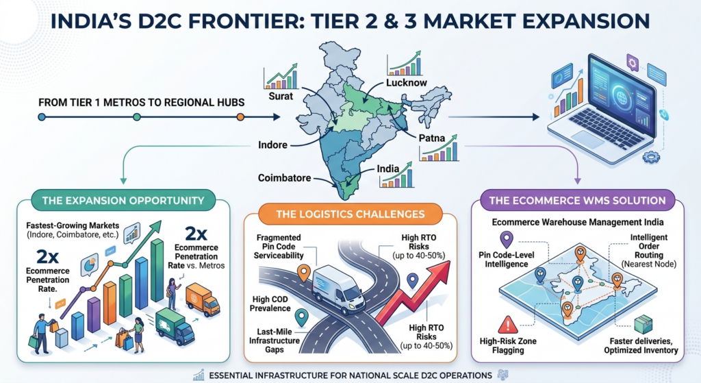 Infographic showing Tier 2 and Tier 3 cities driving India's D2C market expansion