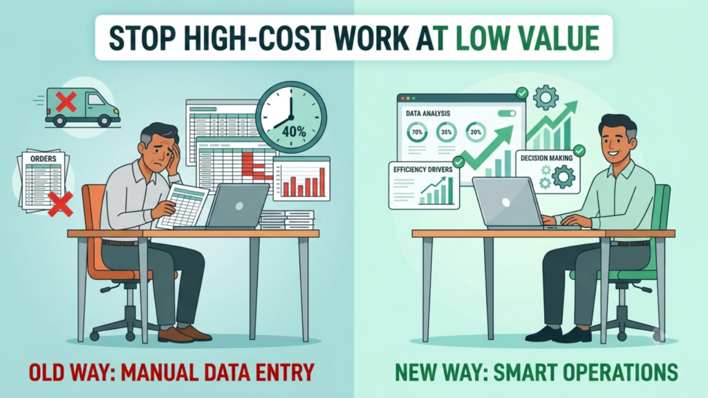 Comparison of manual spreadsheet work and automated order management system workflows