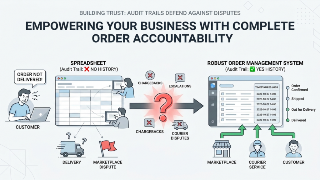 Order accountability framework with real-time tracking, warehouse management, and shipment visibility