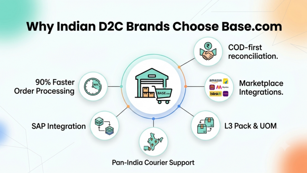 Infographic highlighting why Indian D2C brands choose Base.com for order and warehouse management