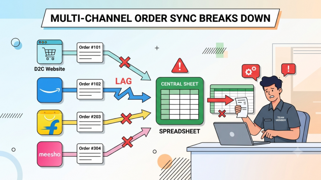 Infographic showing how spreadsheet-based order management fails to sync orders across multiple sales channels