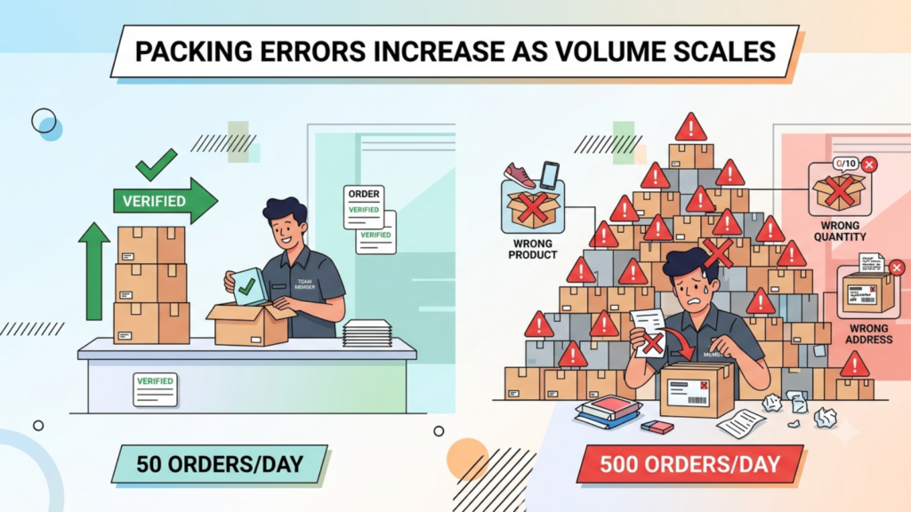 Comparison of packing accuracy at low order volumes versus high-volume ecommerce operations