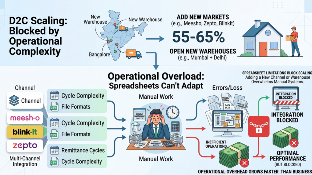 Infographic explaining how operational complexity blocks D2C business growth at scale