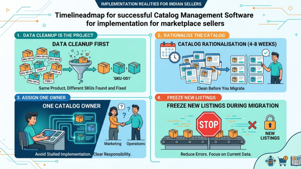 Catalog management implementation timeline showing data cleanup, catalog rationalization, ownership, and migration