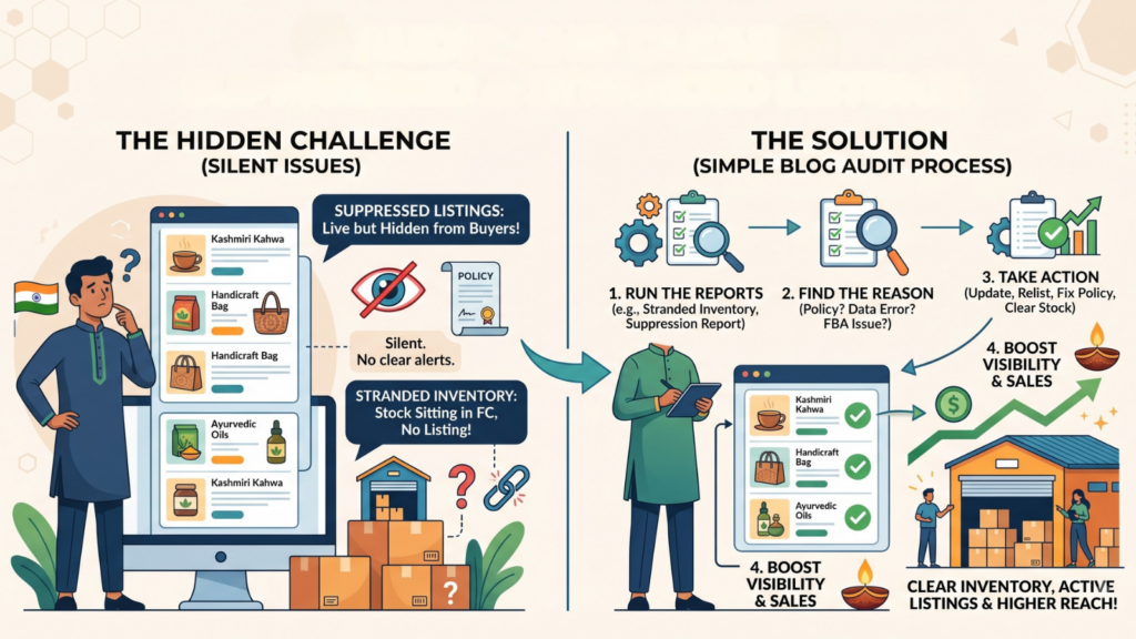 Infographic comparing common Amazon listing problems with solutions for suppressed and stranded listings