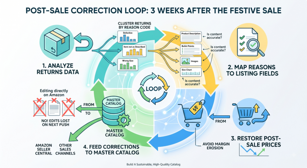 Post-sale Amazon catalog correction workflow using returns data to improve product listings