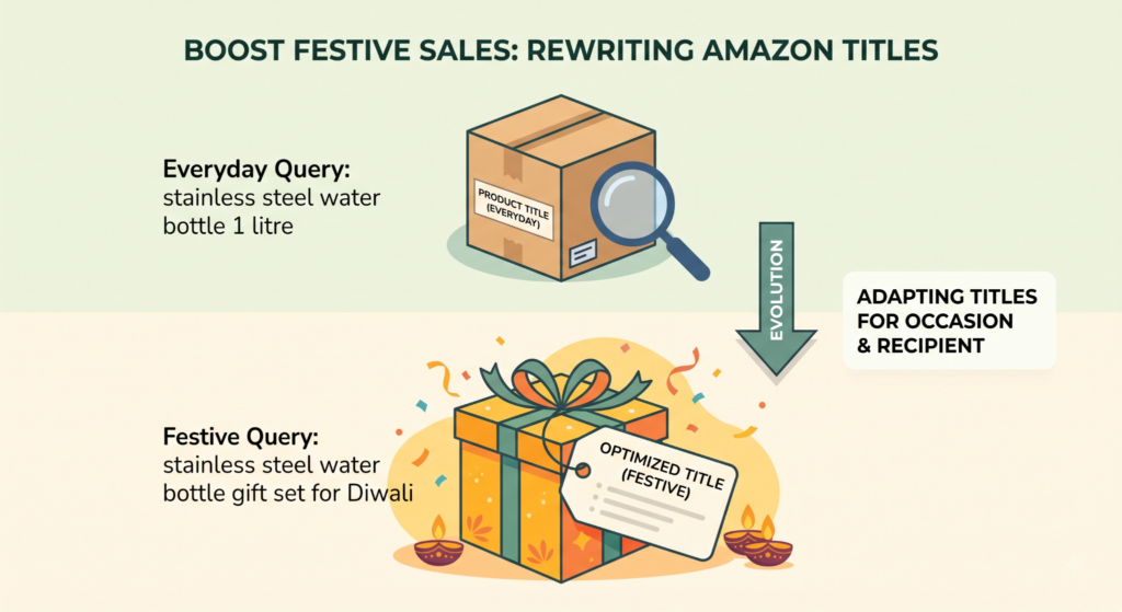 Infographic showing best practices for rewriting Amazon product titles for festive search