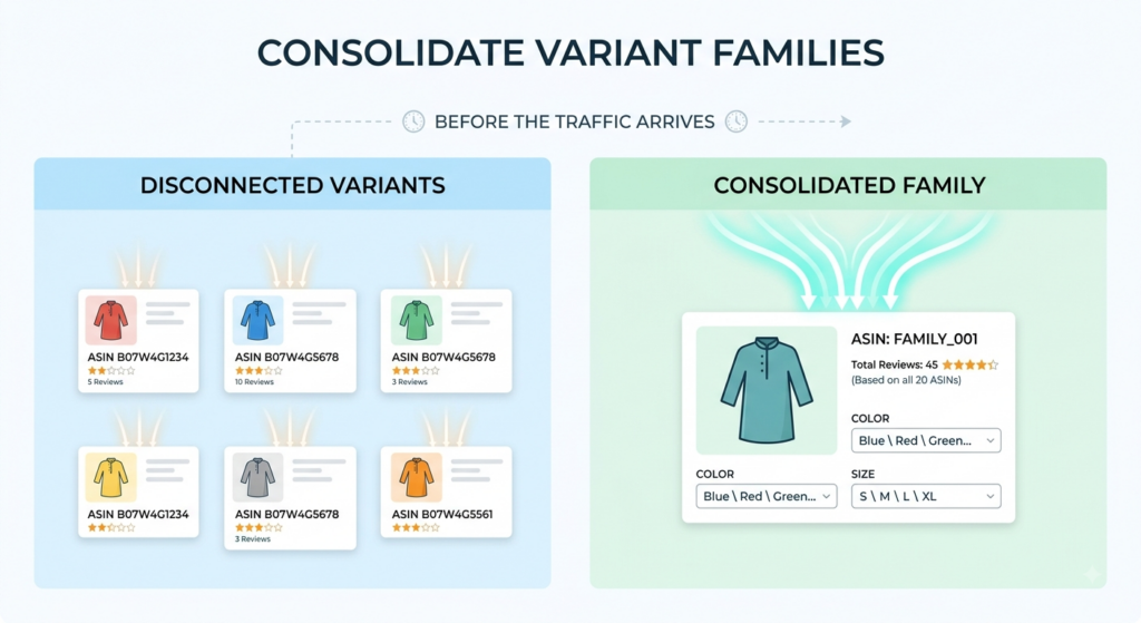 Parent-child Amazon product variant structure consolidating colors and sizes into one listing