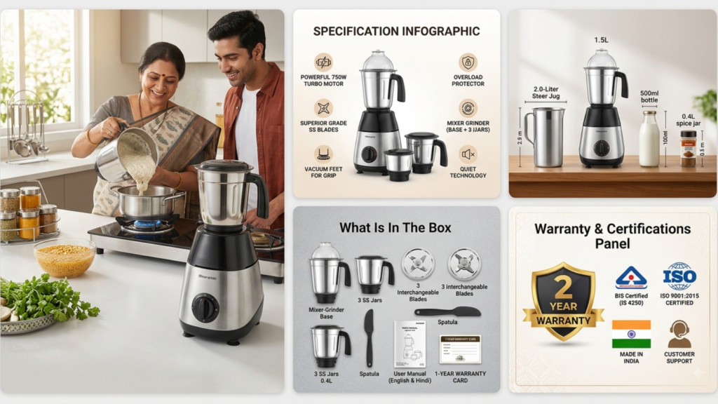 Product image stack showing product use, specifications, dimensions, package contents, and warranty information