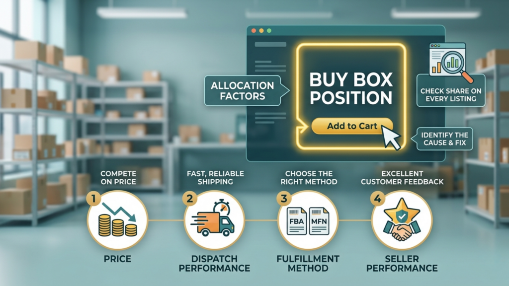 Flipkart buy box illustration showing price, dispatch performance, fulfilment method, and seller performance factors