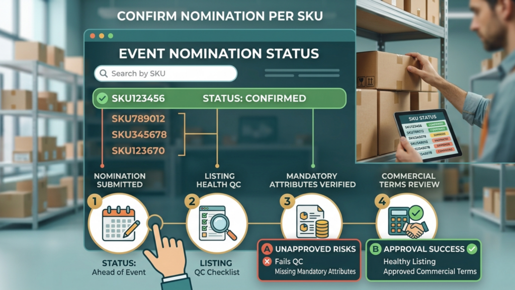 Flipkart event nomination dashboard showing SKU status, listing health, attributes, and commercial terms