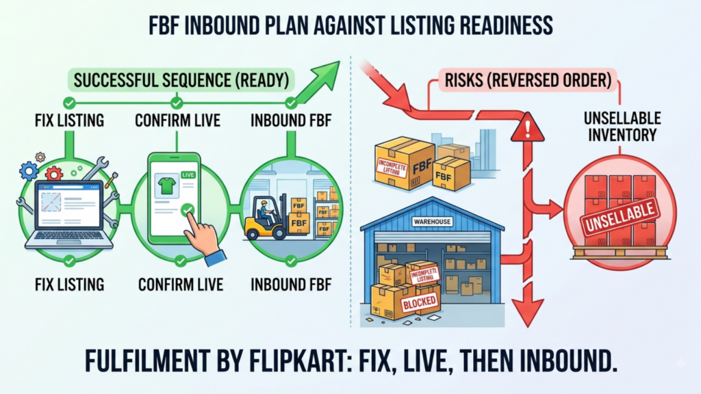 Flipkart FBF inbound workflow showing listing correction, live confirmation, and inventory inbound sequencing