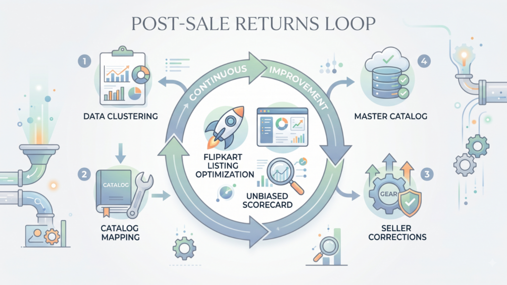 Post-sale Flipkart returns workflow connecting return data, catalog corrections, and master catalog updates