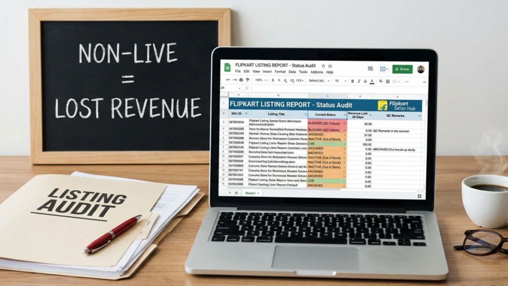 Flipkart Seller Hub listing audit showing non-live products and potential lost revenue
