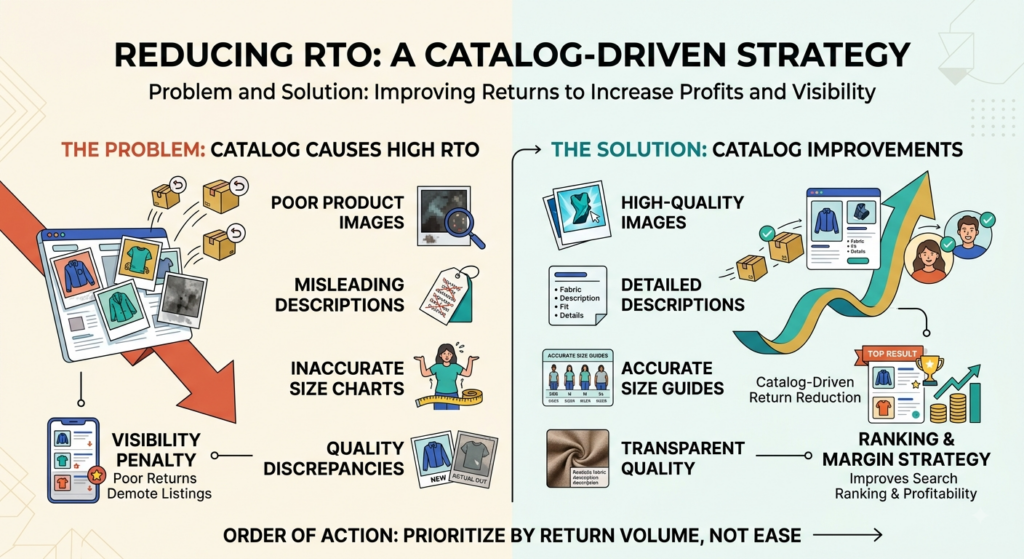 Meesho catalog-level RTO reduction strategy using accurate size charts, product images, material details, and package contents