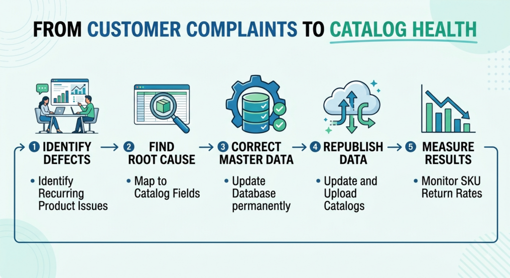 Meesho returns feedback workflow connecting return reasons and customer complaints with catalog corrections and product data updates