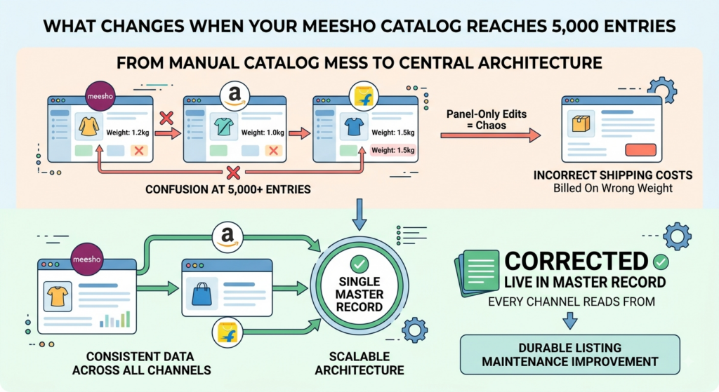 Meesho catalog management at 5,000 entries showing centralized product data, inventory, orders, warehouses, and marketplace operations