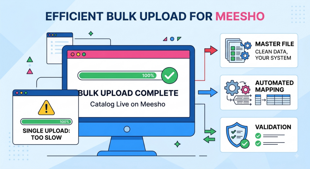 Meesho bulk upload workflow showing master data, category templates, validation, and efficient product listing publishing