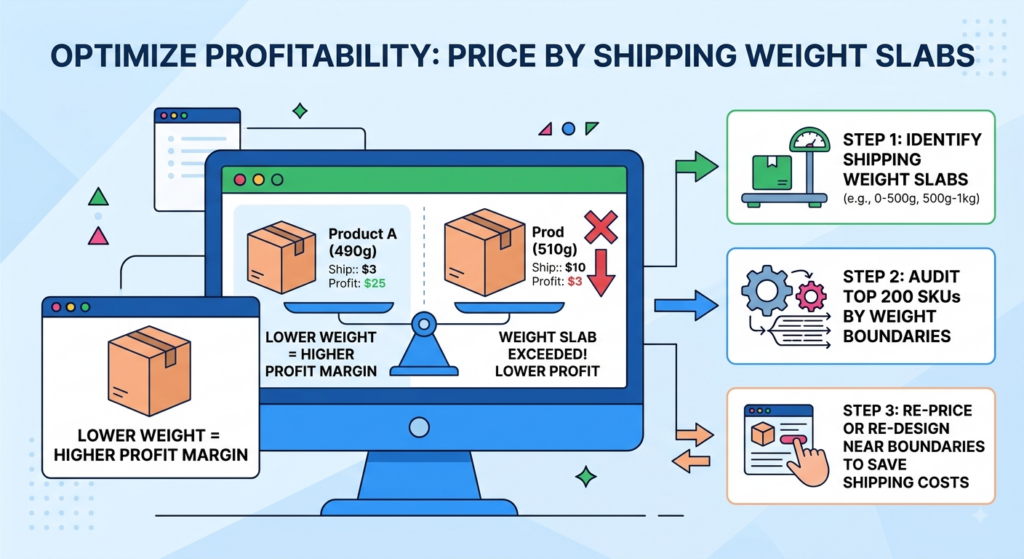 Meesho shipping weight slab strategy showing how packed weight, packaging size, and shipping charges affect product margins