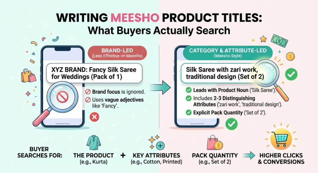 Meesho product title optimization showing search-friendly titles using product type, key attributes, material, and pack quantity