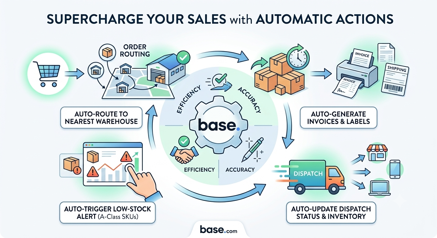 Automated ecommerce order management showing order routing, invoicing, label printing, dispatch updates, and low-stock alerts