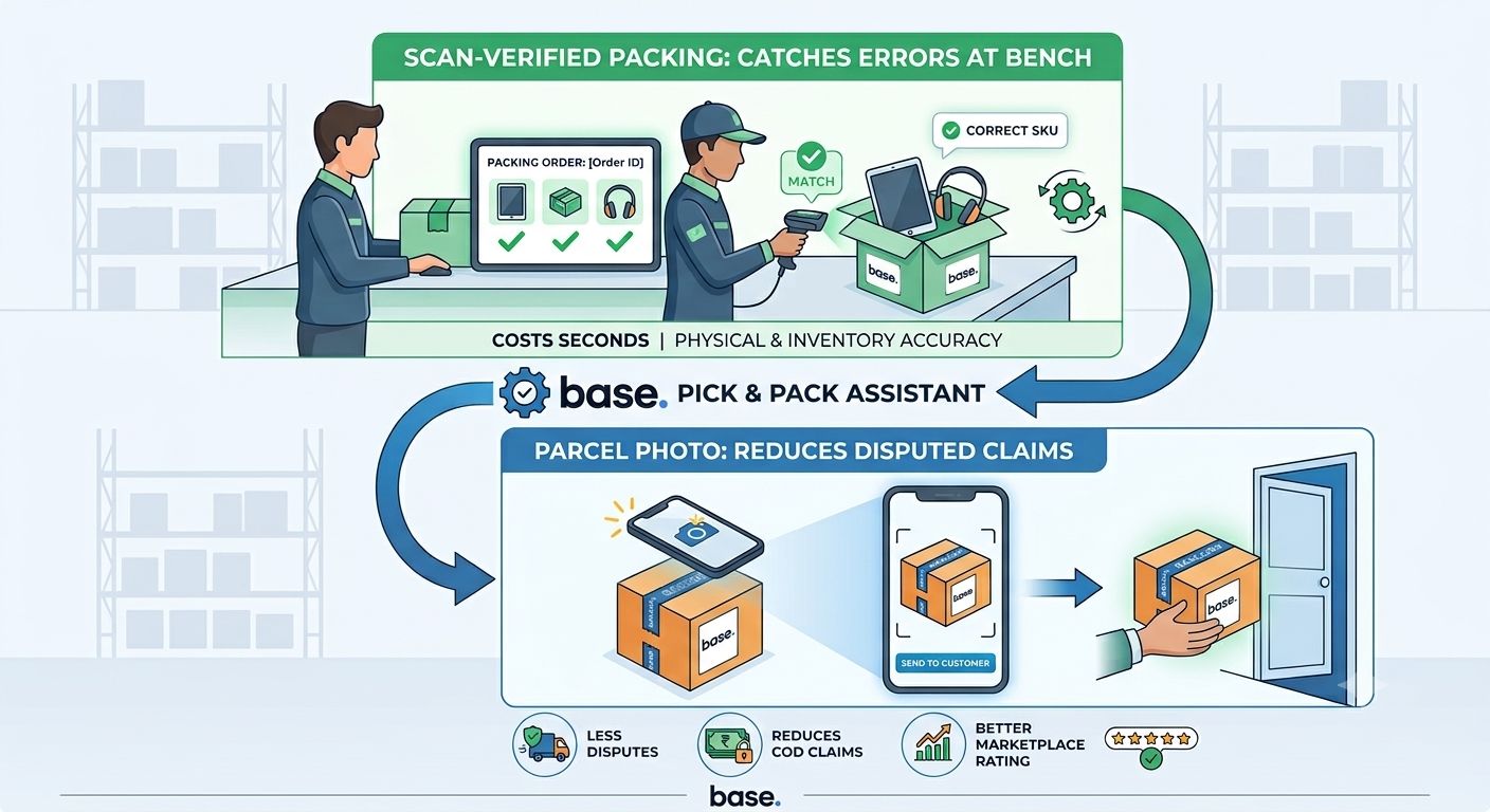 Warehouse pick and pack workflow showing scan verification, parcel packing, and customer parcel photography