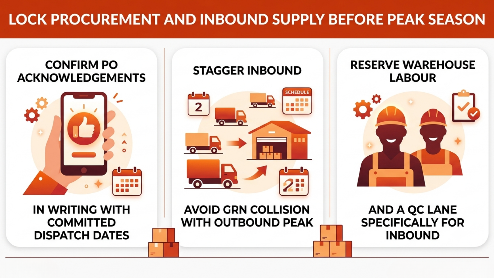 Procurement and inbound supply readiness checklist before peak season showing PO acknowledgement confirmation, staggered inbound scheduling, and reserved warehouse labour