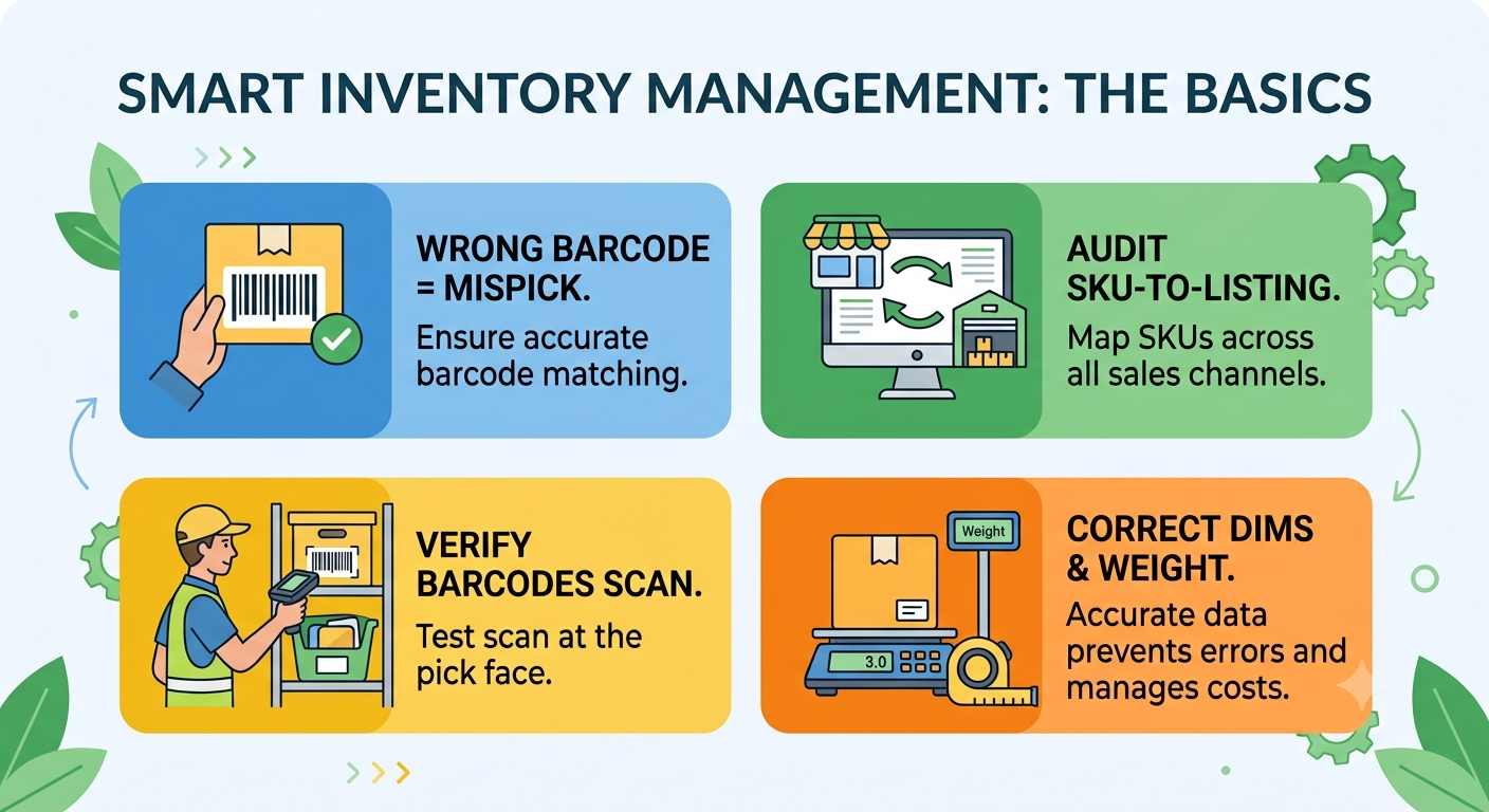 SKU mapping, barcode, and catalogue data accuracy checks before an ecommerce sale to prevent listing and fulfilment errors