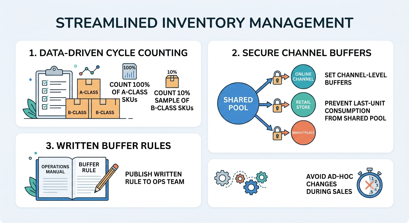 Streamlined inventory management showing cycle counts, channel buffers, inventory controls, and catalogue change management