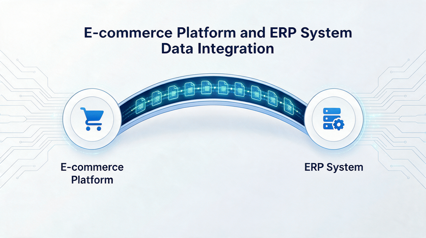 Diagram showing an API-based data integration between an e-commerce platform and an ERP system