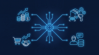 Illustration of a central network hub connecting finance, inventory, sales and customer data icons, representing the benefits of ERP integration