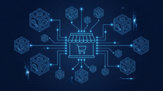 Illustration of several ERP system icons of varying sizes connected to a central e-commerce storefront icon