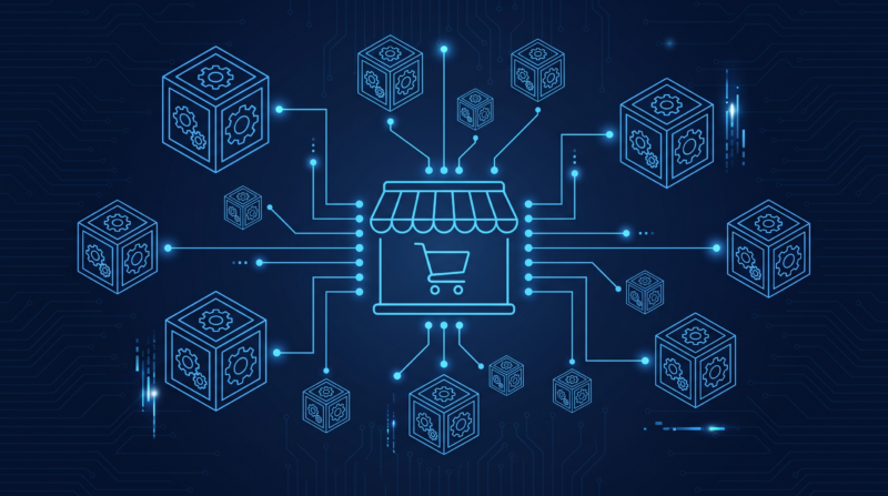 Illustration of several ERP system icons of varying sizes connected to a central e-commerce storefront icon