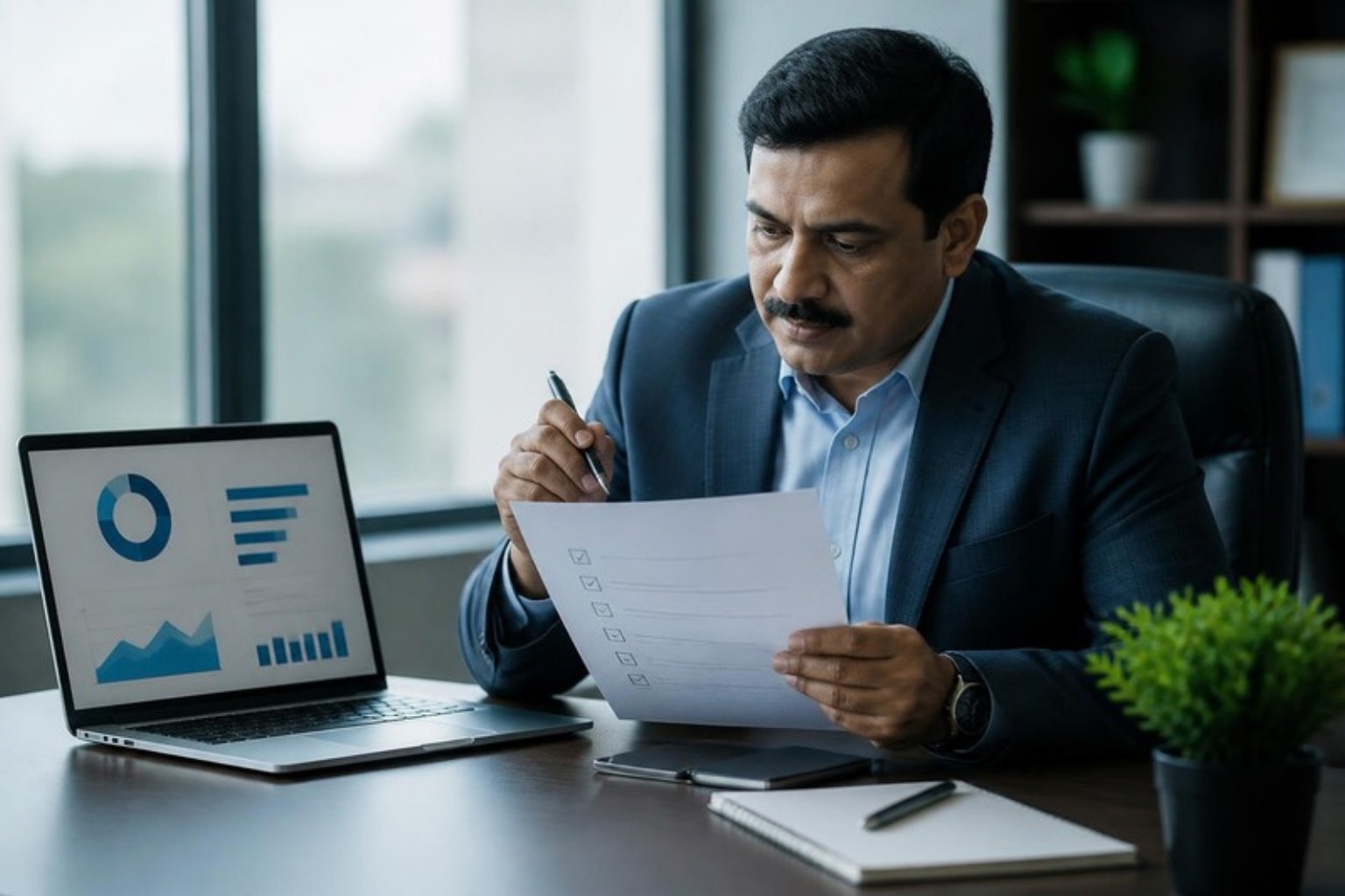 Business owner reviewing an ERP evaluation checklist alongside a laptop showing a scorecard