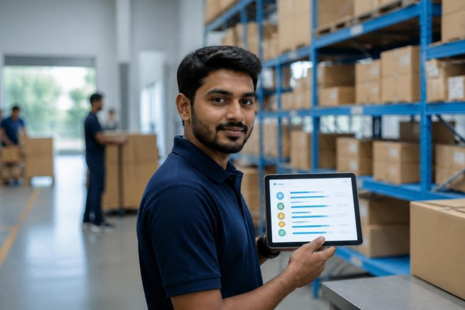 Ecommerce operations team member checking synced inventory levels across sales channels on a tablet in a warehouse