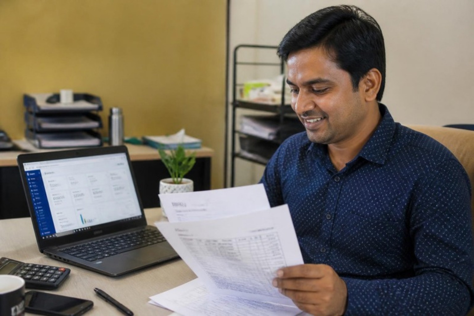Small business accounts team member reviewing invoices beside a laptop showing a synced accounting dashboard