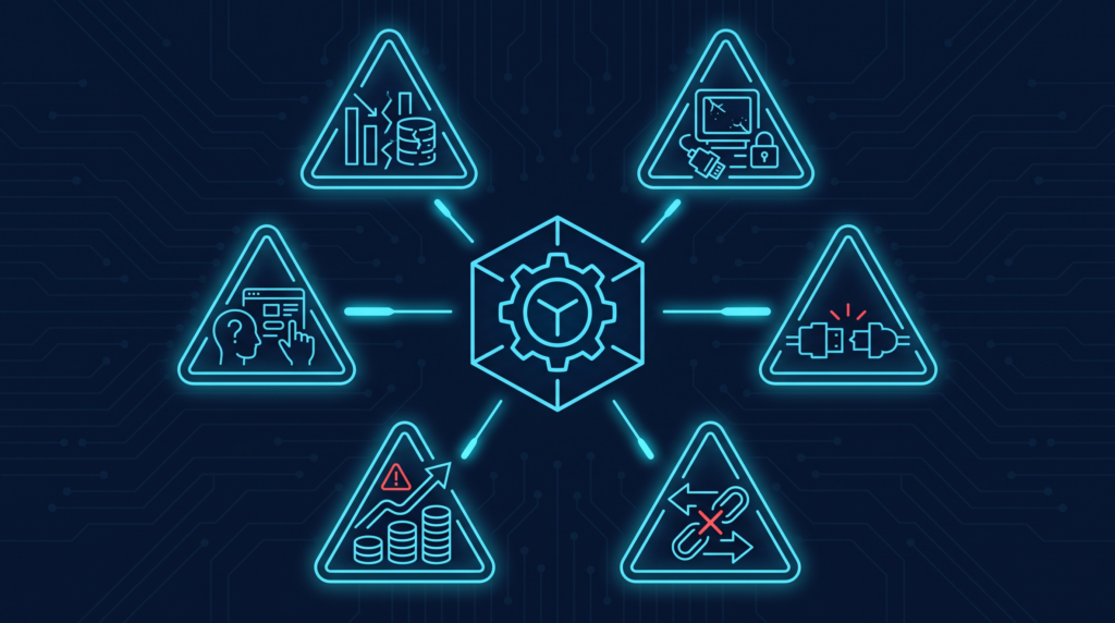 Diagram showing six common ERP integration challenges arranged around a central ERP system icon
