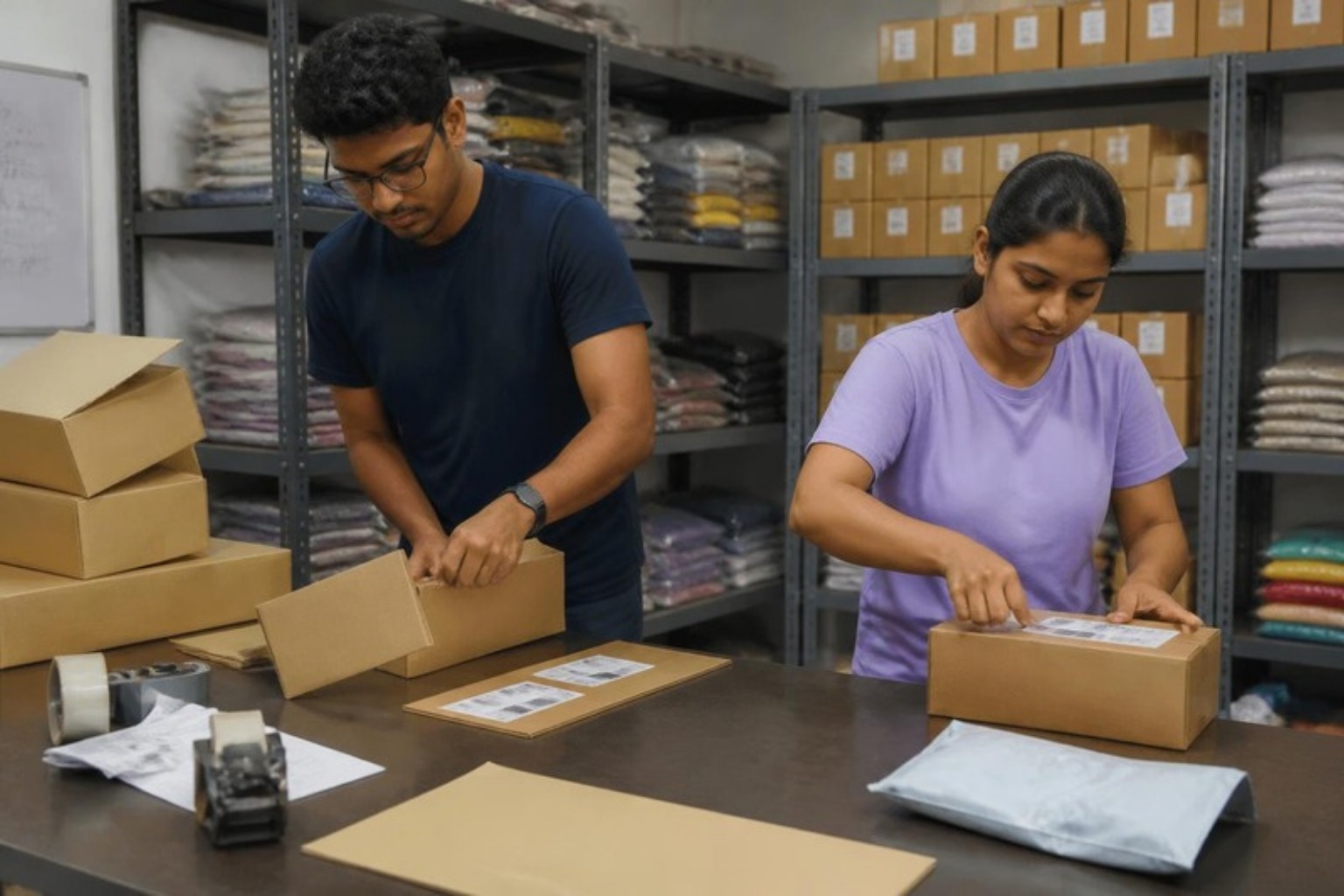 Two e-commerce packing team members packing customer orders into boxes at a packing table with organized inventory shelves behind them