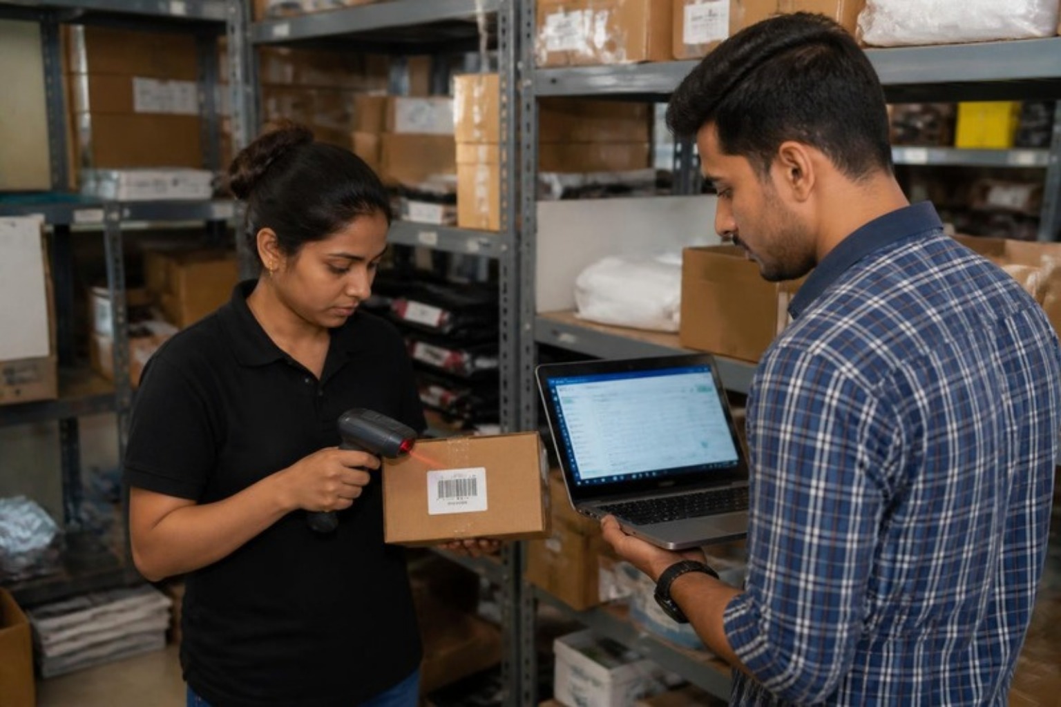Two warehouse staff checking synced order and inventory data, one scanning a package barcode and the other reviewing a laptop