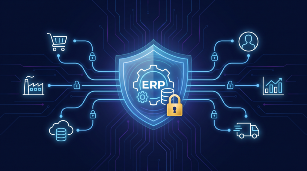Diagram showing an ERP system protected by a shield and padlock with encrypted data flowing to connected systems