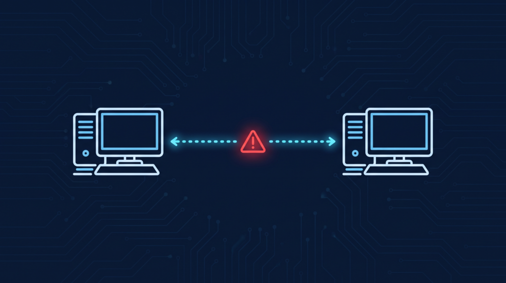 Diagram showing two connected systems exchanging data with a sync error alert between them