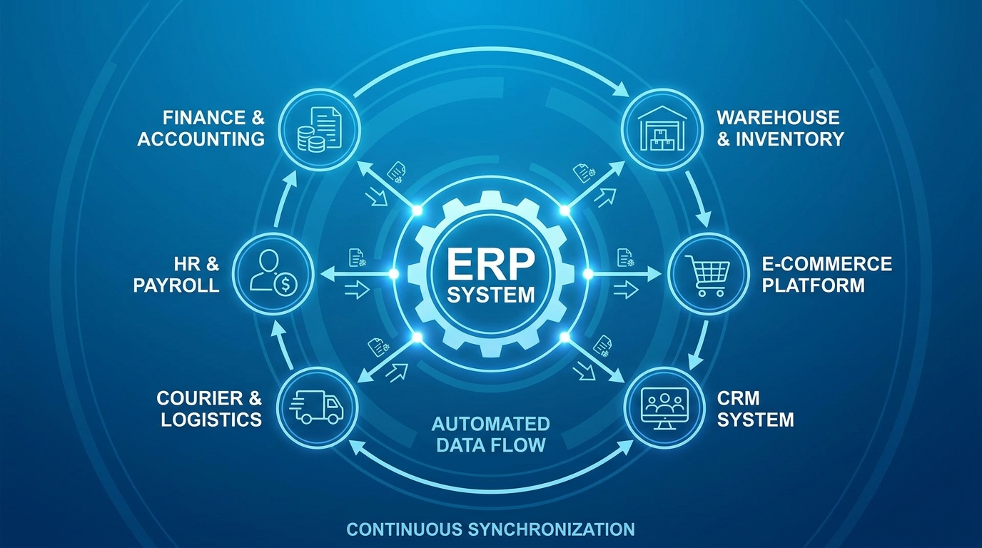 Diagram of an ERP system exchanging data automatically with finance, warehouse, e-commerce, CRM, HR and courier systems