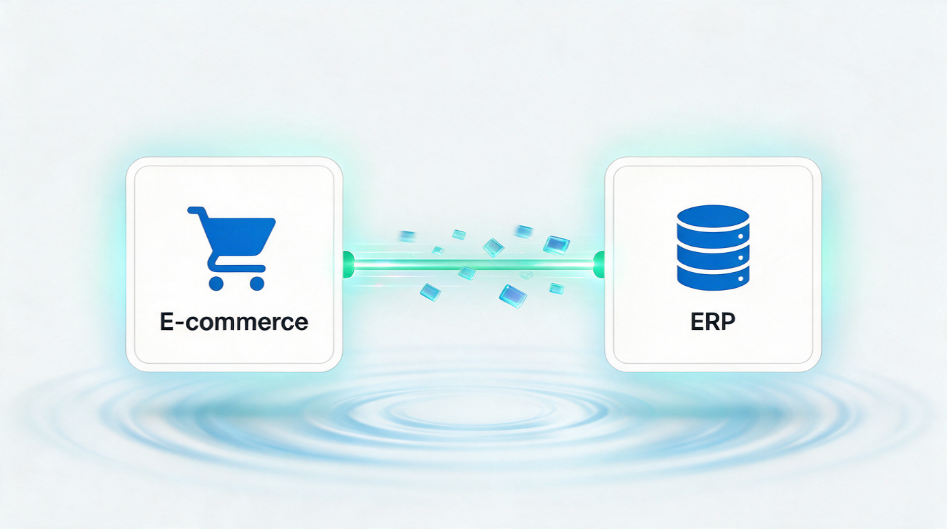Diagram showing file-based data integration between an e-commerce platform and an ERP system